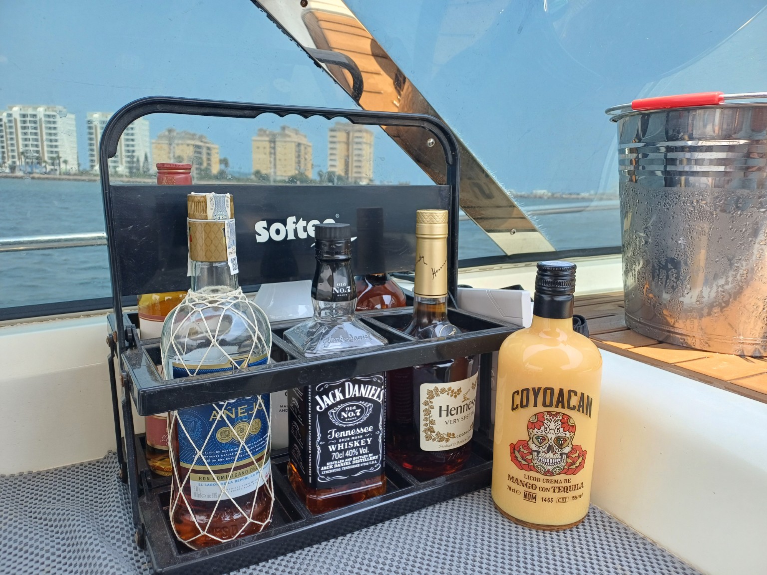 Drinks arranged in the onboard bar tray