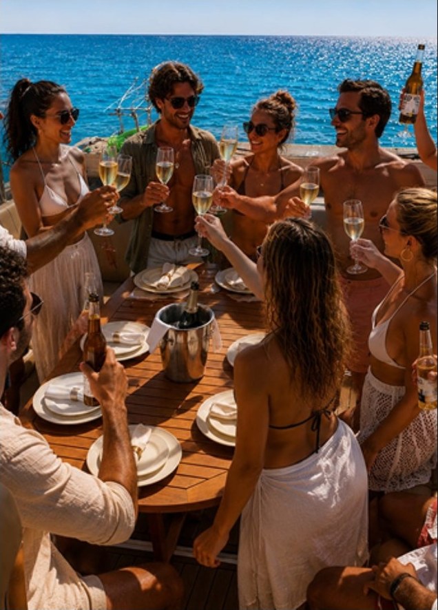 Friends celebrating aboard the yacht